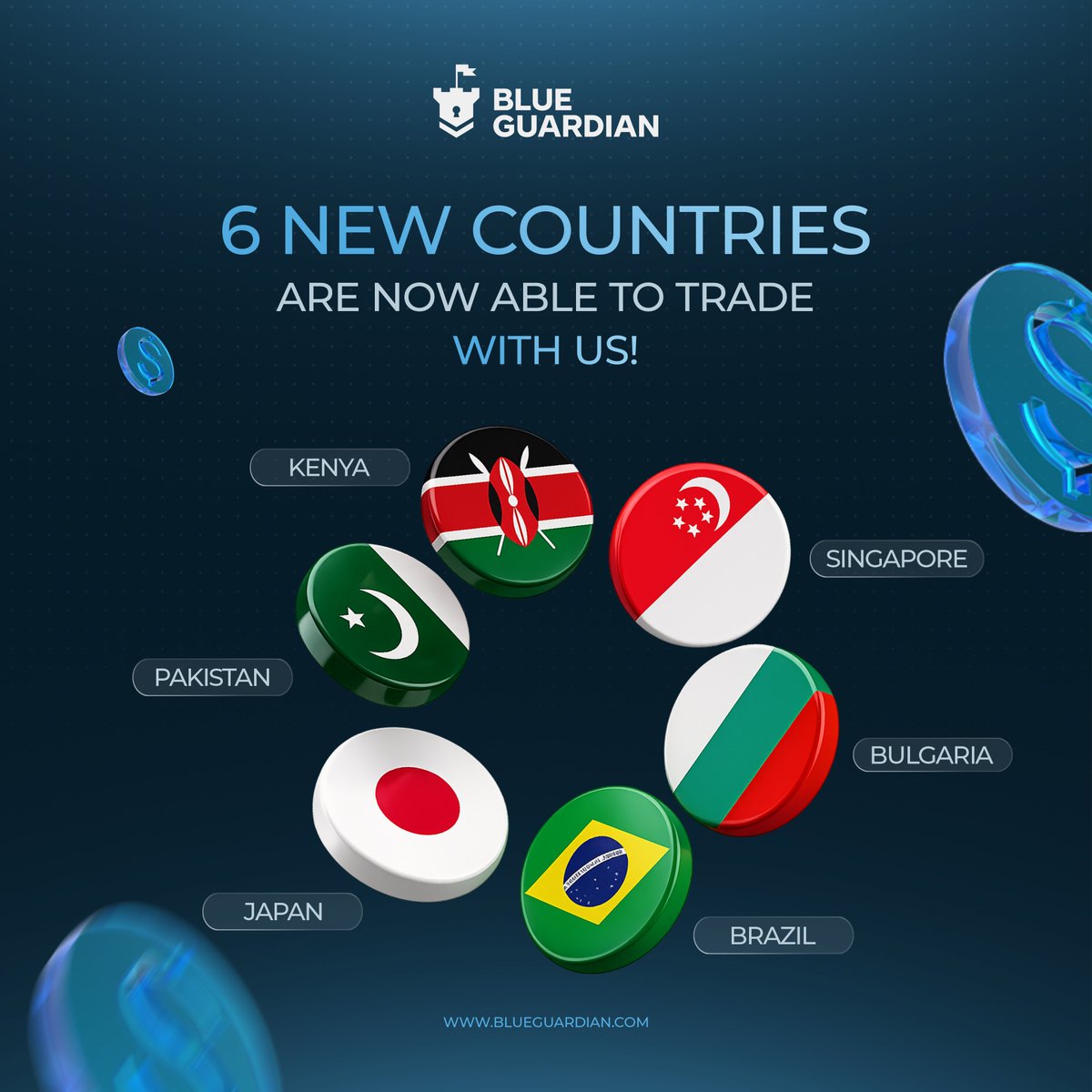 BlueGuardiancom's tweet photo. 6 new countries. Unlimited opportunity 🔓

Blue Guardian is now open to traders in Pakistan, Kenya, Singapore, Bulgaria, Japan, and Brazil

Wherever you trade from, funded capital is closer than ever

Start now at https://t.co/3OcR3AQ23W https://t.co/hrDeXa09dQ
