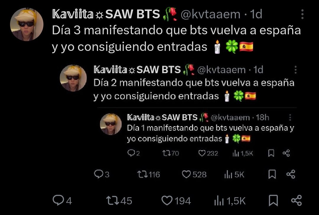 kvtaaem's tweet photo. Día 4 manifestando que bts vuelva a España y yo consiguiendo entradas 🕯 🍀 🇪🇸 https://t.co/6rbJZC0JDn