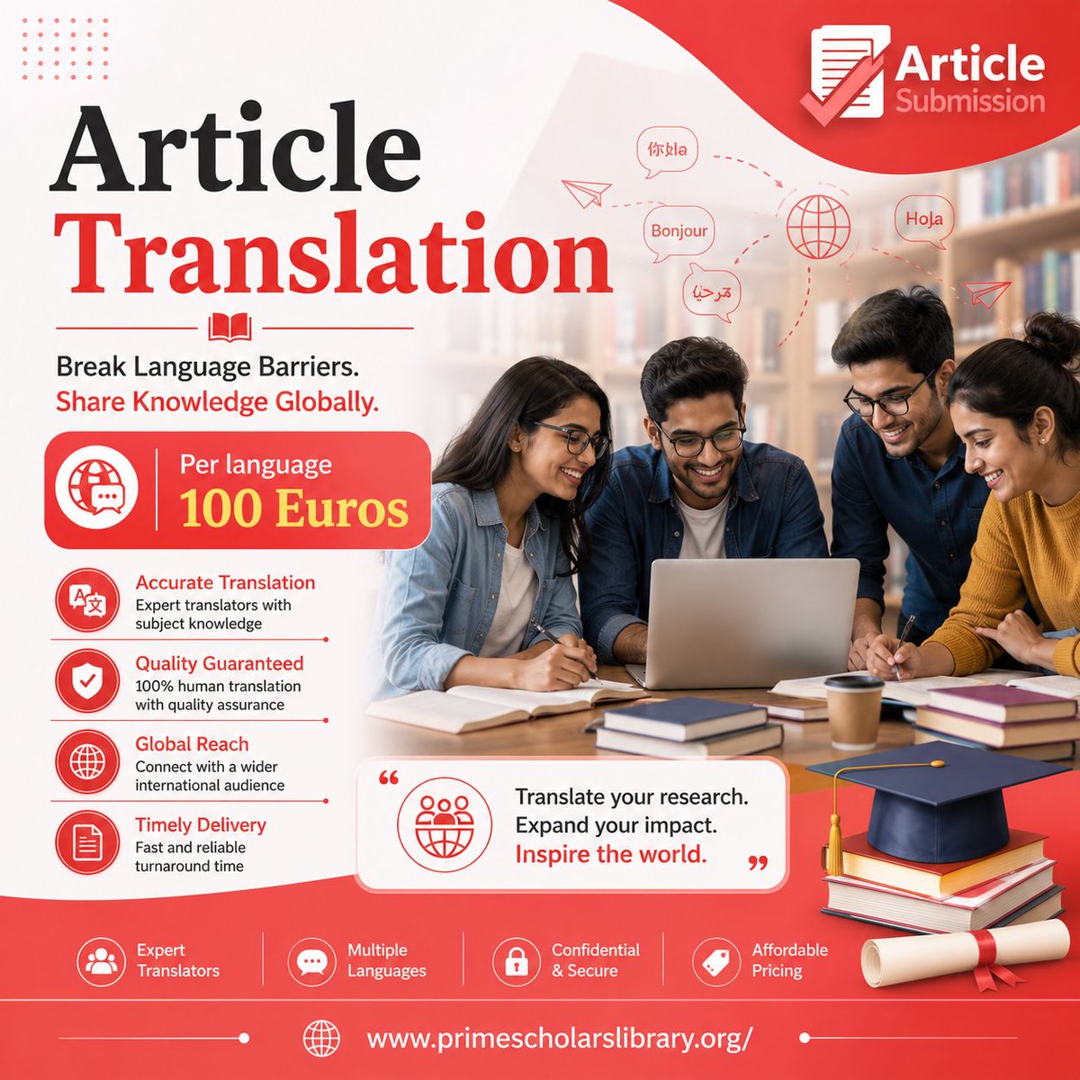 primescholar's tweet photo. Translate your published article into multiple languages for just 100 Euros per language. Expand your global audience, improve research visibility, and increase citation potential by making your work accessible to researchers worldwide. #ArticleTranslation #ResearchImpact #Global https://t.co/I8EsE0MvGZ