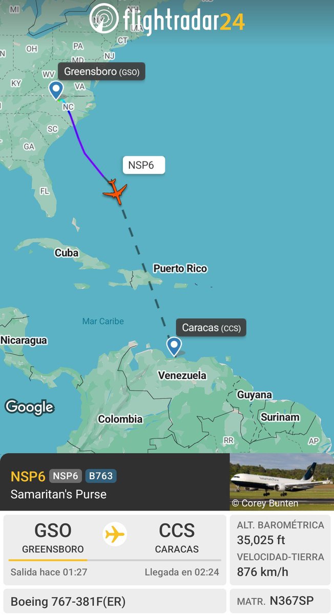 Arrest_Maduro's tweet photo. ✟Samaritan's Purse, Boeing 767-381, reg. N367SP, hex #A427EB, vuelo NSP6, procedente de Greensboro🇺🇲 y con destino a Maiquetía🇻🇪.
Tercer vuelo de Samaritan's Purse con más ayuda y suministros para Venezuela. https://t.co/C37wWGwCMy