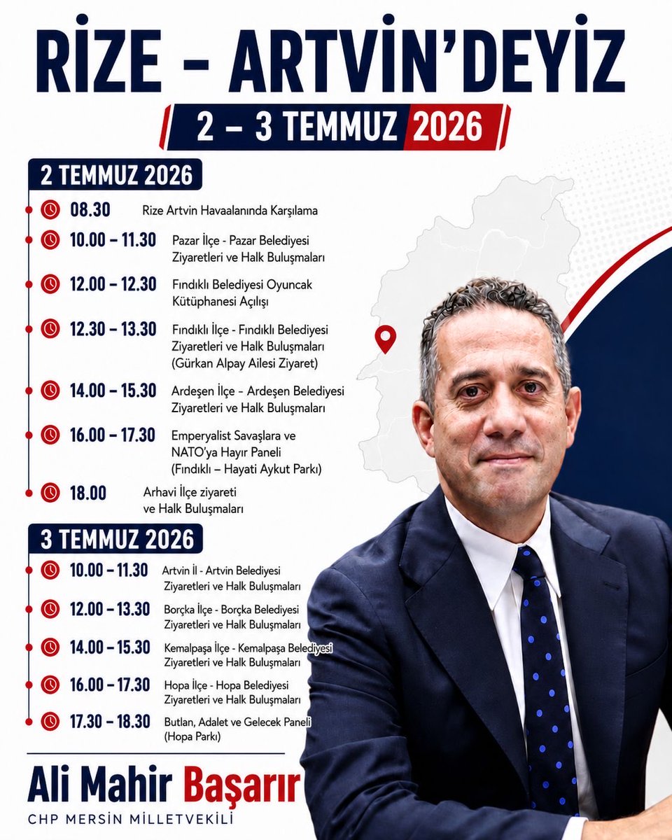 alimahir's tweet photo. Çay kokulu köylerinden hırçın dalgalarına, Rize ve Artvin’in yürekli insanlarıyla hasret gidermeye geliyoruz!

2 Temmuz’da Rize’de, 3 Temmuz’da Artvin’deyiz…

Sokak sokak gezecek, halkımızla buluşacak; adaleti, geleceği ve memleketin yarınlarını birlikte konuşacağız!

Programımız👇🏻