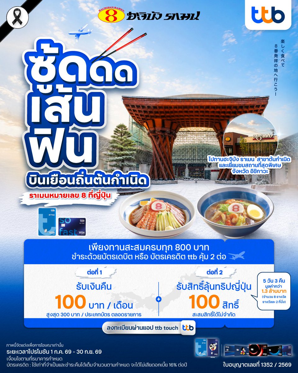 hachibanramenth's tweet photo. “ซู้ดดดเส้นฟิน บินเยือนถิ่นต้นกำเนิด ราเมนหมายเลข 8 ที่ญี่ปุ่น”

เพื่อนซี้ชวนอร่อยอิ่มคุ้มกับราเมนชามโปรด แถมยังได้ลุ้นไปญี่ปุ่น แค่ทานอาหารที่ร้านฮะจิบัง ราเมน สะสมครบทุก 800.- และชำระด้วยบัตรเดบิต ttb all free หรือบัตรเครดิต ttb รับสิทธิ์ 2 ต่อ!

รายละเอียดเพิ่มเติม คลิก : https://t.co/1FAQypSuDZ

เงื่อนไขตามที่ธนาคารกำหนดบัตรเครดิต: ใช้เท่าที่จำเป็นและชำระคืนได้เต็มจำนวนตามกำหนด จะได้ไม่เสียดอกเบี้ย 16% ต่อปี

#ฮะจิบังราเมน #ราเมนหมายเลข8 #ความอร่อยไม่รู้จบ #กินจริงจังกับบัตรเครดิตttb