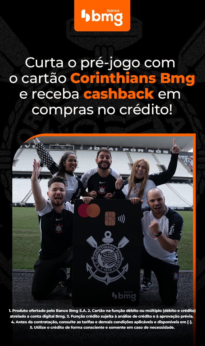 Corinthians's tweet photo. Vai assistir aos jogos com a família e os amigos?

Seja no bar, restaurante ou naquele delivery com a galera, use o seu cartão do @CorinthiansBmg e garanta cashback em compras no crédito.

Anota aí, Fiel. Pré-jogo é com o Banco Oficial do Timão! https://t.co/JDiZrosGTV
