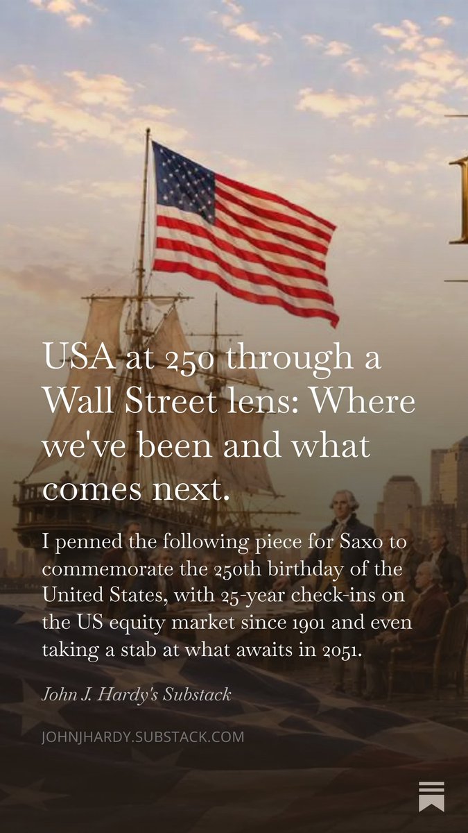 johnjhardy's tweet photo. USA at 250 through a Wall Street lens: Where we've been and what comes next. https://t.co/HHY04IhFMO
Here's a little walk down memory lane of Wall Street over the last half of US history, with six quarter-century check-ins and thoughts on what lies ahead for the next one in 2051. https://t.co/Vj8nfJfesO