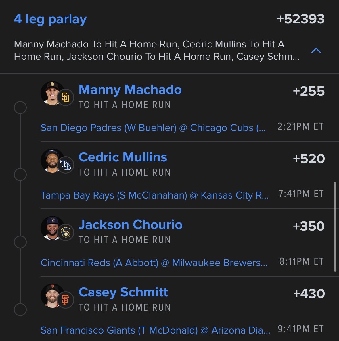 WizPicks__'s tweet photo. ⚾️ HR Parlay of the Day ⚾️
💣 Jackson Chourio 💣 Cedric Mullins 💣 Casey Schmitt 💣 Manny Machado
Backing all four to leave the yard tonight. Let's cash some bombs! 🚀🔥
#MLB #HomeRunParlay #JacksonChourio #CedricMullins #CaseySchmitt #MannyMachado #BaseballX #TheProfitWizards https://t.co/7I3MmRv0wn