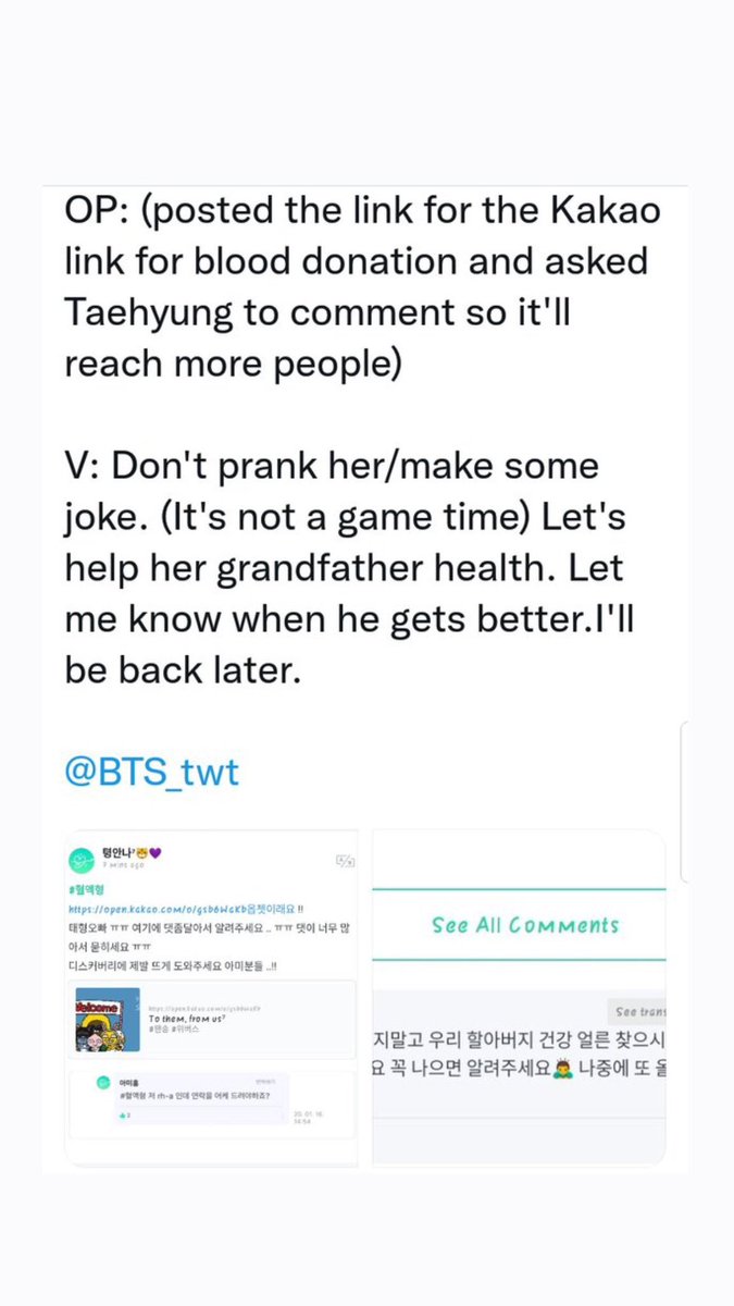 koostrous's tweet photo. remember when taehyung asked others to help an army who needed a rare blood donation for her grandfather, he wrote in both english and korean. the family found a donor bc of that. and he even came back to check if they got the donation. he is the purest person. https://t.co/KIyz581LJo