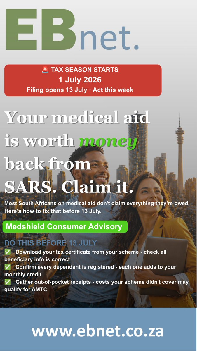 EBnetwork's tweet photo. SARS auto-assessments start 1 July. 🚨
Filing season opens 13 July.
If you're on medical aid - do these 3 things this week💰
@MedshieldSA  on EBnet 👇
https://t.co/mARNTMevuH
#FinancialConfidence #EBnet #Medshield #TaxSeason #MedicalAid #SARS https://t.co/hodrylX8bZ