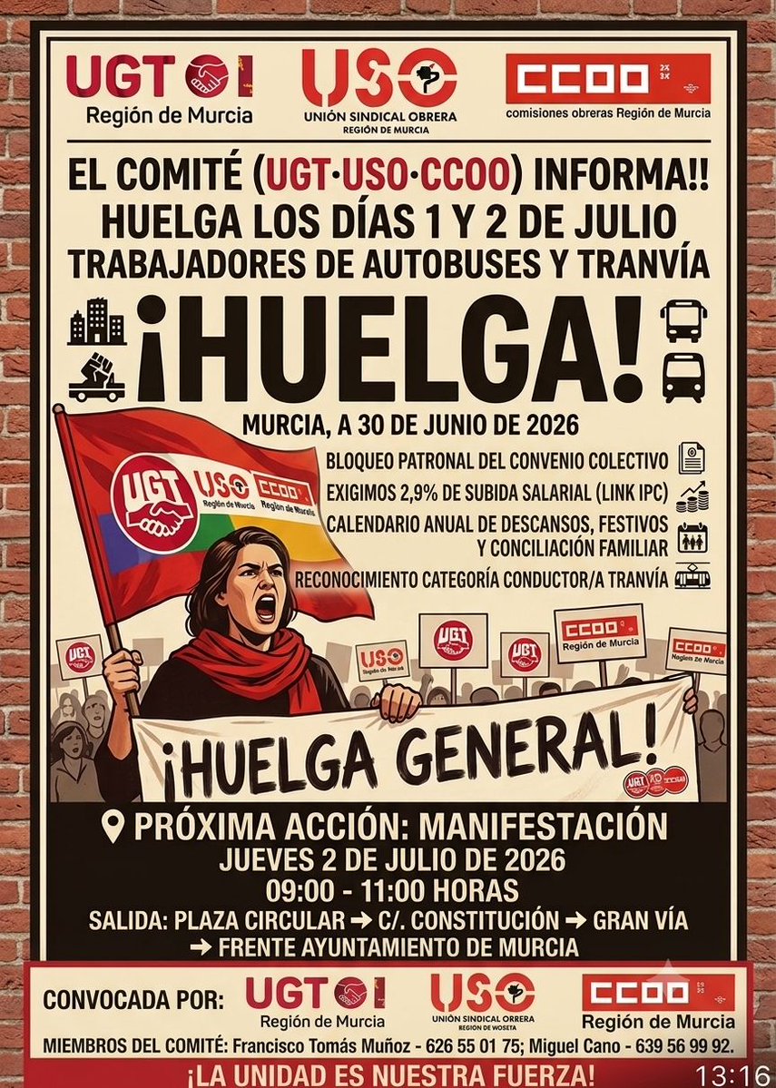 fscccoorm's tweet photo. Trabajadores de autobuses y tranvía en huelga por 
-Bloqueo del convenio por la patronal 
- Por una subida salarial 
- Calendario anual de descansos y conciliación familiar 
Mañana 2 julio a las 9:00 horas manifestación desde la plaza circular https://t.co/xNXY9MYymQ