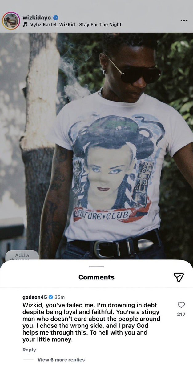 pyramidvalley_'s tweet photo. Wizkid, you’ve failed me…
A comment reportedly allegedly left by Wizkid’s associate, Godson, under Wizkid’s Instagram post. 💔 https://t.co/RIcC78QnjE
