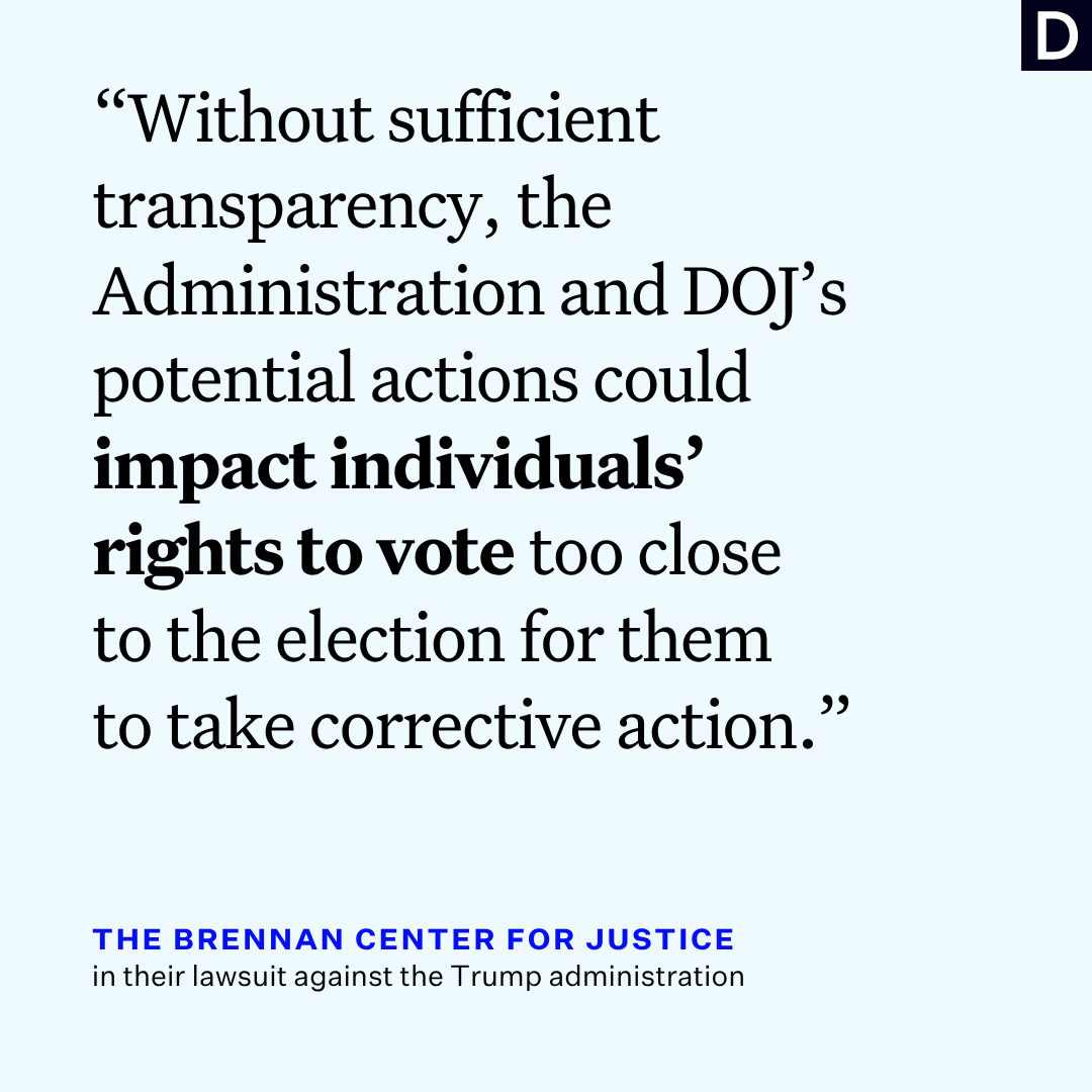 DemocracyDocket's tweet photo. ICYMI: A pro-voting group has sued the Trump administration, seeking transparency and records on:

🏛️ How the DOJ is using the voter data it has demanded from states

🏛️ Whether the government has already created lists of people it wants removed from voter rolls https://t.co/dxihlgokRP