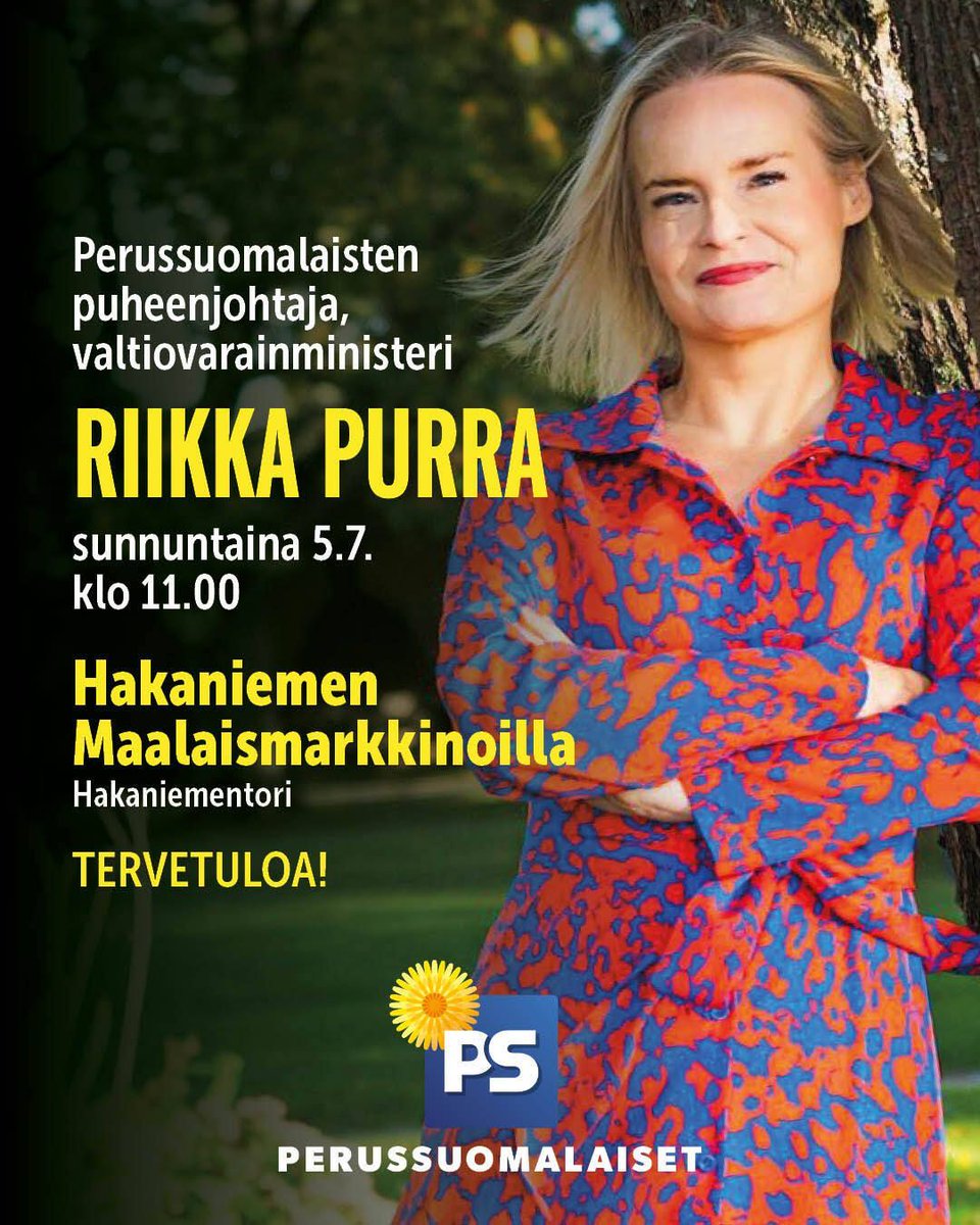 persut's tweet photo. Hakaniemen Maalaismarkkinoilla tulevana sunnuntaina tavattavissa on puolueemme puheenjohtaja, valtionvarainministeri Riikka Purra. Nähdään Hakaniementorilla! https://t.co/6YHLHatsUE
