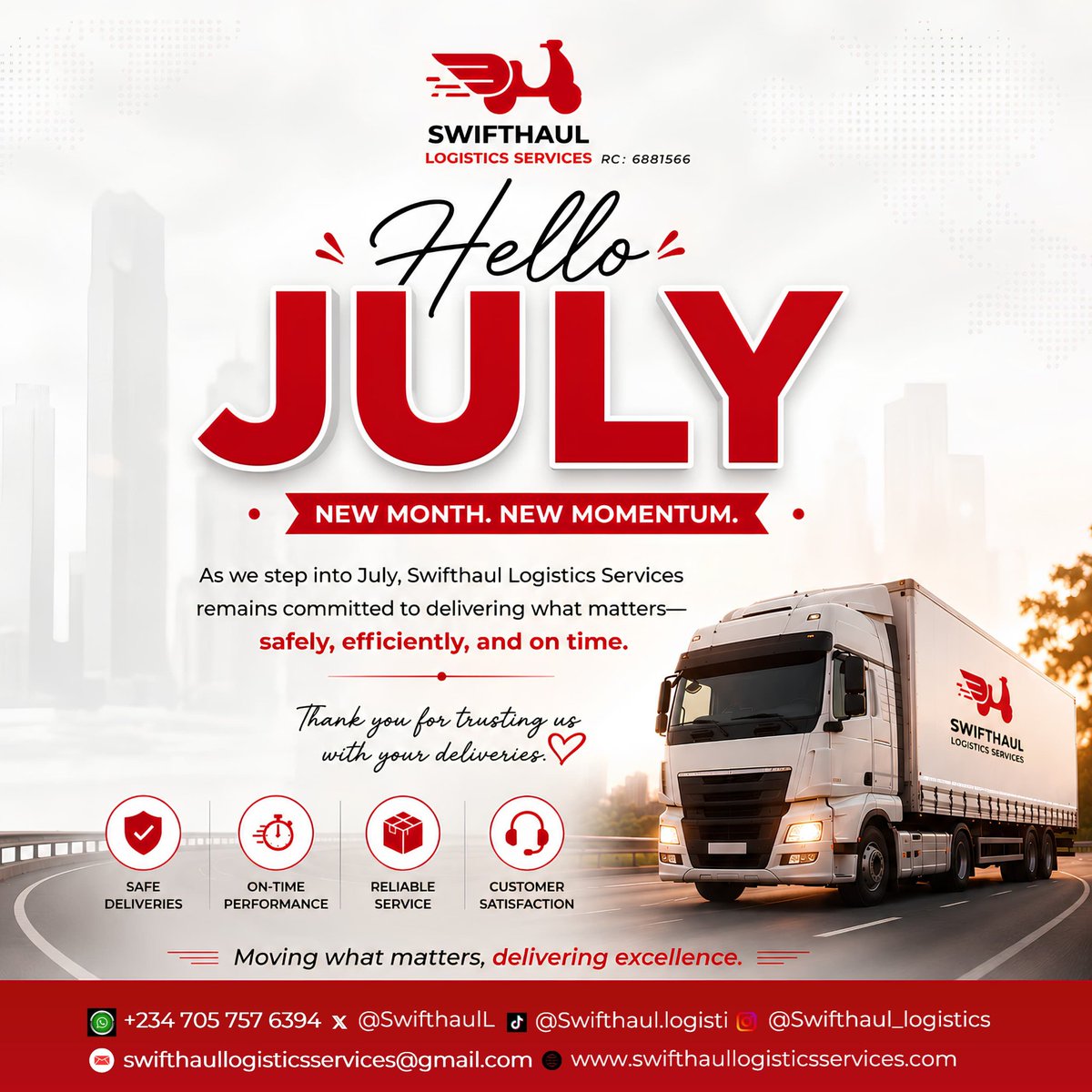 SwifthaulL's tweet photo. Hello, July! 🌟

A new month brings new opportunities, new partnerships, and new milestones to achieve.

As we step into July, Swifthaul Logistics Services remains committed to delivering smarter logistics solutions while building the future of technology-driven delivery services https://t.co/EqRpn0to3l