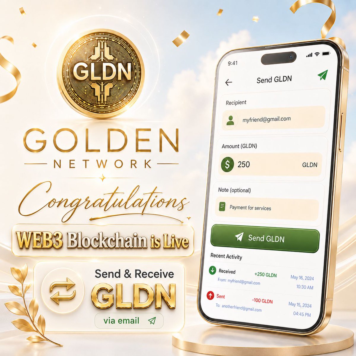Golden_Network_'s tweet photo. 🚀 #Golden_Network Blockchain is Live

✨ We promised — and we delivered.

💥A historic milestone begins today for #Golden_Network and all $GLDN users worldwide.

You can now ⏫send and ⏬receive GLDN easily between registered accounts using email.

✅ Sending and receiving GLDN is 100% free — zero fees.

🌍 Fast. Simple. Global.

The new era of Golden Network Blockchain starts today.

"🚀 Get in early 👉 or 🚫 stay behind"

🔥 Start Mining Today!
 🌐https://t.co/S4LJ9wDBoc

🔁 Retweet | ❤️ Like | 💬 Comment