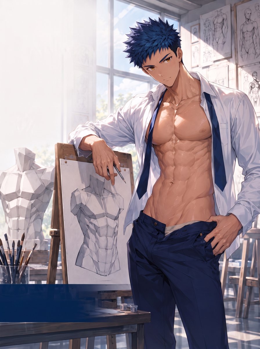 taki_boys's tweet photo. 筋肉の描き方を教えるため、自らモデルになる真面目な先生🎨「よく見て！ここがポイント！」💪

Art club's student teacher stepping up as the anatomy model! 🎨 "Watch closely, this is exactly how you draw the muscles!!"💪

#AIart #AIイラスト https://t.co/vukLV2JZen