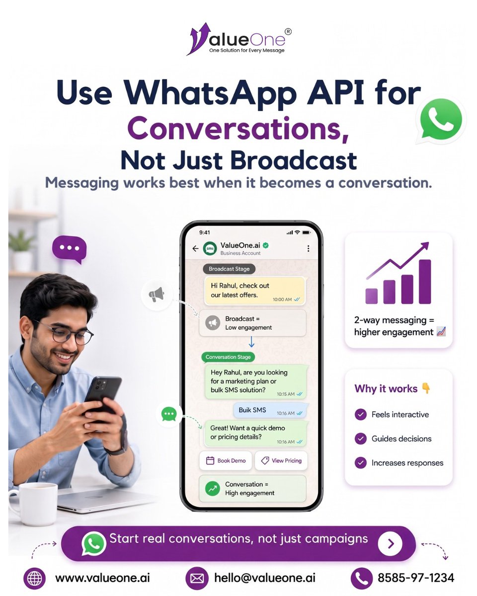 valueoneai's tweet photo. 💬 Stop sending one-way messages. Start real conversations with your customers using the WhatsApp Business API.
🚀 Engage, automate, and convert with interactive messaging that delivers results.
📲 Book a demo today!
#WhatsAppBusinessAPI #BusinessMessaging #CustomerEngagement https://t.co/XZwwpPREu2