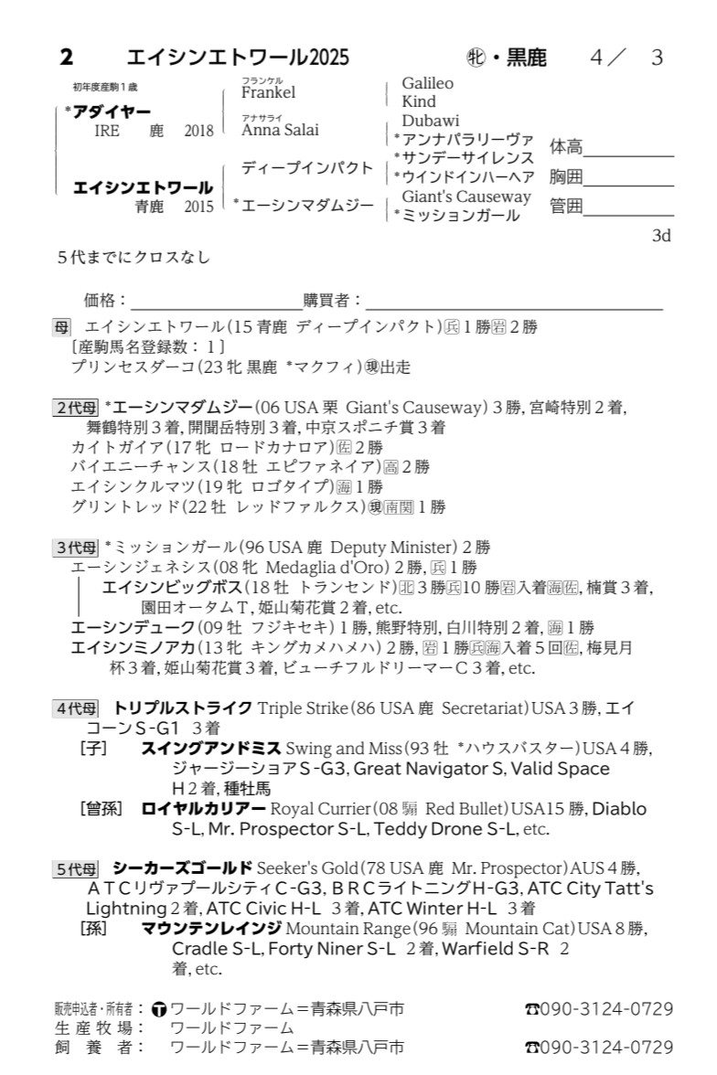 worldfarm01's tweet photo. 7/7 🏇 八戸市場2026 上場馬のご紹介
No.2 エイシンエトワール2025（牝・黒鹿毛）
父：アダイヤー
母：エイシンエトワール
母父：ディープインパクト

体高:153cm 胸囲:168cm 菅囲:19.5cm
落ち着いた気性と均整の取れた馬体が魅力の1頭です。

よろしくお願いいたします
 #八戸市場2026 #アダイヤー産駒 #エイシンエトワール2025