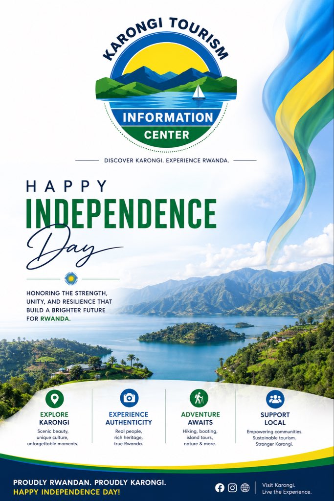 off_TourKarongi's tweet photo. 🇷🇼 Happy Independence Day!

Discover Karongi. Experience Rwanda.

https://t.co/YYMtTRXnEn⁠

#VisitKarongi #VisitRwanda #RwandaIndependence #ExploreRwanda #ProudlyRwandan https://t.co/p4yhI7figB