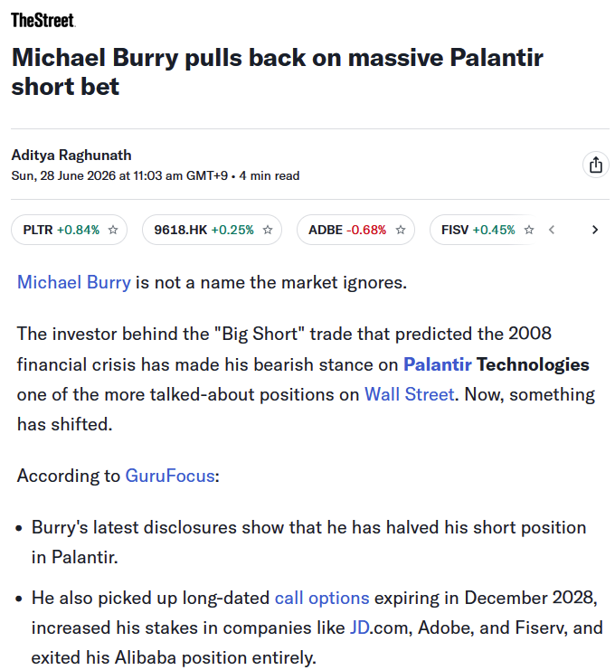 kackiee's tweet photo. Michael Burry says he’s shorting Caterpillar for the first time after it nearly doubled in the AI-driven rally of 2026  https://t.co/GqCFC8yxlo

世紀の空売りのマイケルブーリー
猫や半導体のいくつか空売り

最近、パランティア空売りして半分手仕舞ったばかり。 https://t.co/T7bHgSTsLl