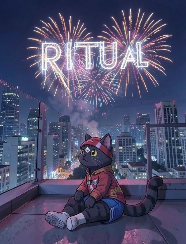 sonnui210802's tweet photo. After a long day battling on the chain, Siggy sat chilling on the city's highest rooftop, gazing up at the dazzling fireworks.

In the night sky, the word RITUAL shone brightly, sparkling amidst a myriad of flames.

A peaceful yet inspiring moment.

Siggy smiled, his tail wagging gently, enjoying the fruits of his journey and preparing for the next heights.

Ritual is shining brightly in the Web3 sky! Let's look up to the future with Siggy!

@ritualnet @ritualfnd @Jez_Cryptoz @ericgudboy
@Majorproject5 @joshsimenhoff @0xMadScientist