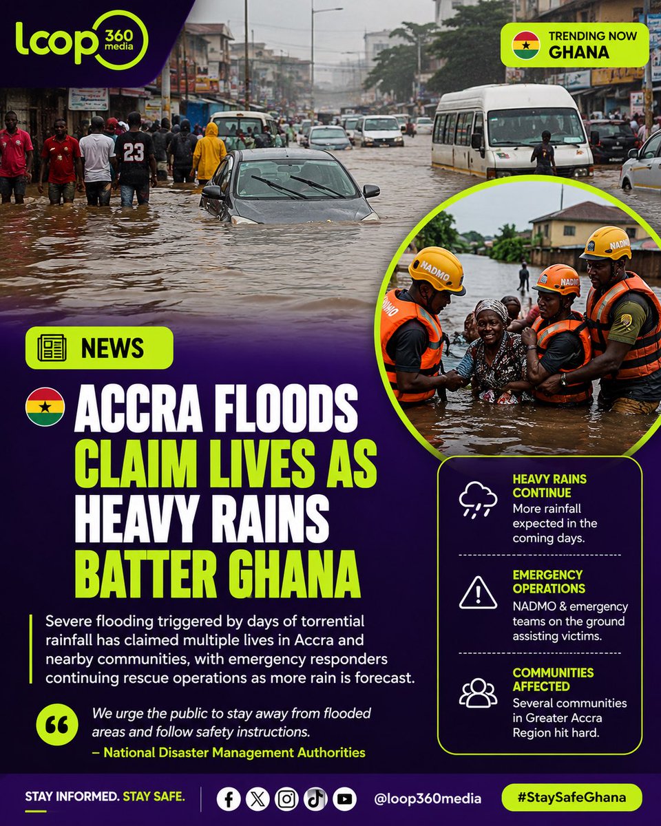 Loop360Media's tweet photo. 🚨 Severe flooding has hit parts of Accra and nearby communities, with lives lost and rescue efforts underway as authorities warn of more rainfall. Stay safe and follow official updates. 🇬🇭
#Ghana #AccraFloods #BreakingNews #Loop360Media https://t.co/vq4ypDKryH