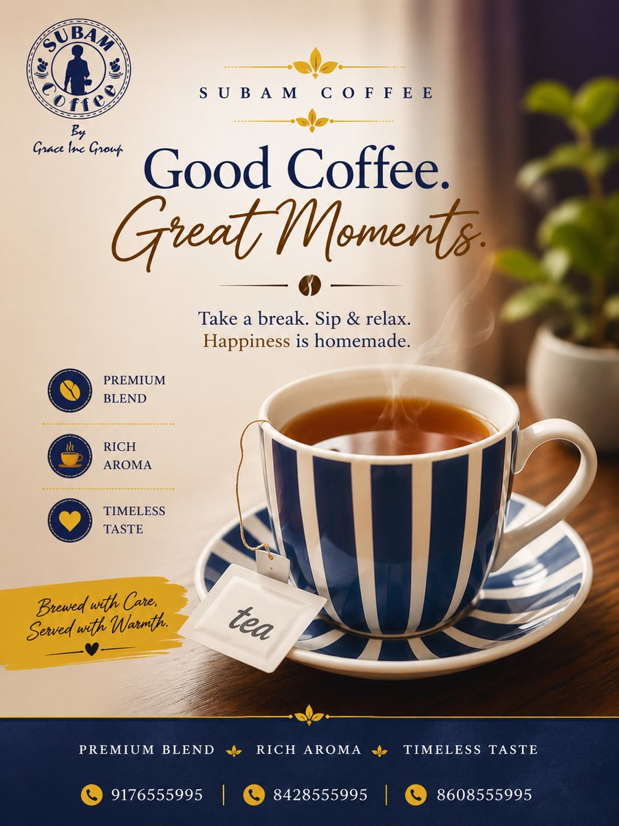 SubamCoffee's tweet photo. Every sip is a moment to slow down, refresh, and enjoy life.

Experience the rich aroma and authentic taste of Subam Coffee.

📍 Chennai 📞 +91 91765 55995
#SubamCoffee #CoffeeLovers #CoffeeTime #PremiumCoffee #GraceIncGroup https://t.co/6Bw6jINzln