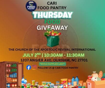 partyofone_2012's tweet photo. 📢 CARI FOOD PANTRY 
Please Note: Due to the Independence Day holiday, there will be NO Friday Food Giveaway this week.

🥫 Instead, we’ll be serving on Thursday!

📅 Thursday, July 2
🕥 10:30 AM – 11:30 AM

📍 The Church of the Apostolic Revival International
Durham, NC https://t.co/jzwou13J3H
