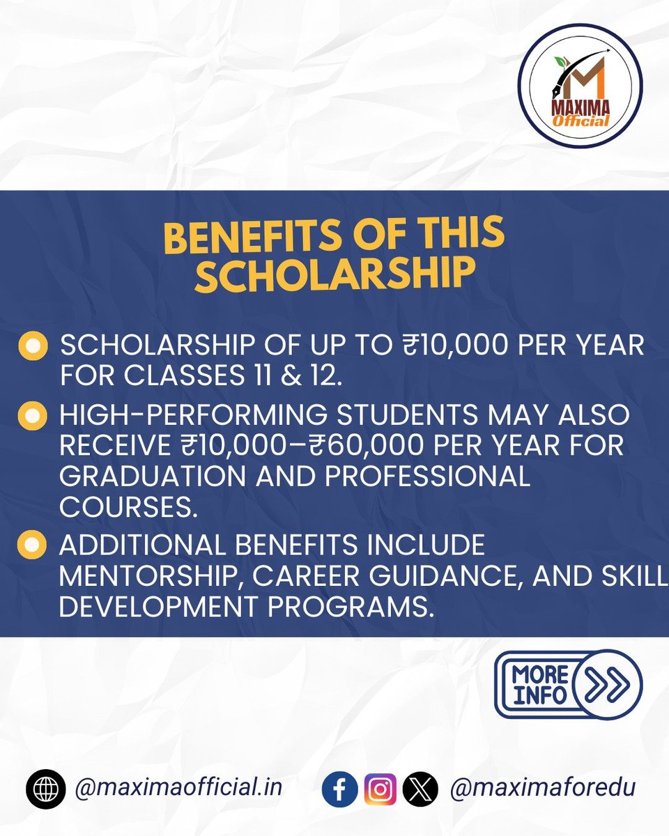 Maximaforedu's tweet photo. 🎓 Dreaming of continuing your education after Class 10? Here's your chance!
Apply for the Vidyadhan Scholarship 2026 and receive financial support to pursue your higher studies.
📅 Last Date: 10 August 2026
Apply now ✨

#maximaforedu #VIdhyadanscholarship https://t.co/2kJQNOt6NI