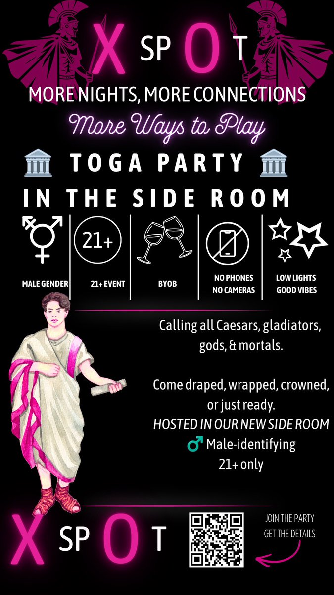 hexadulce's tweet photo. 🏛️ TOGA PARTY --- TONIGHT  🏛️
Bathhouse style event.  Calling all Caesars, gladiators, gods, and party mortals. Come draped, wrapped, crowned, or just ready to HAVE FUN.  Male-identifying  21+ BYOB -- 
DIRECT MESSAGE ASK FOR INVITE https://t.co/acWUJqYcw9