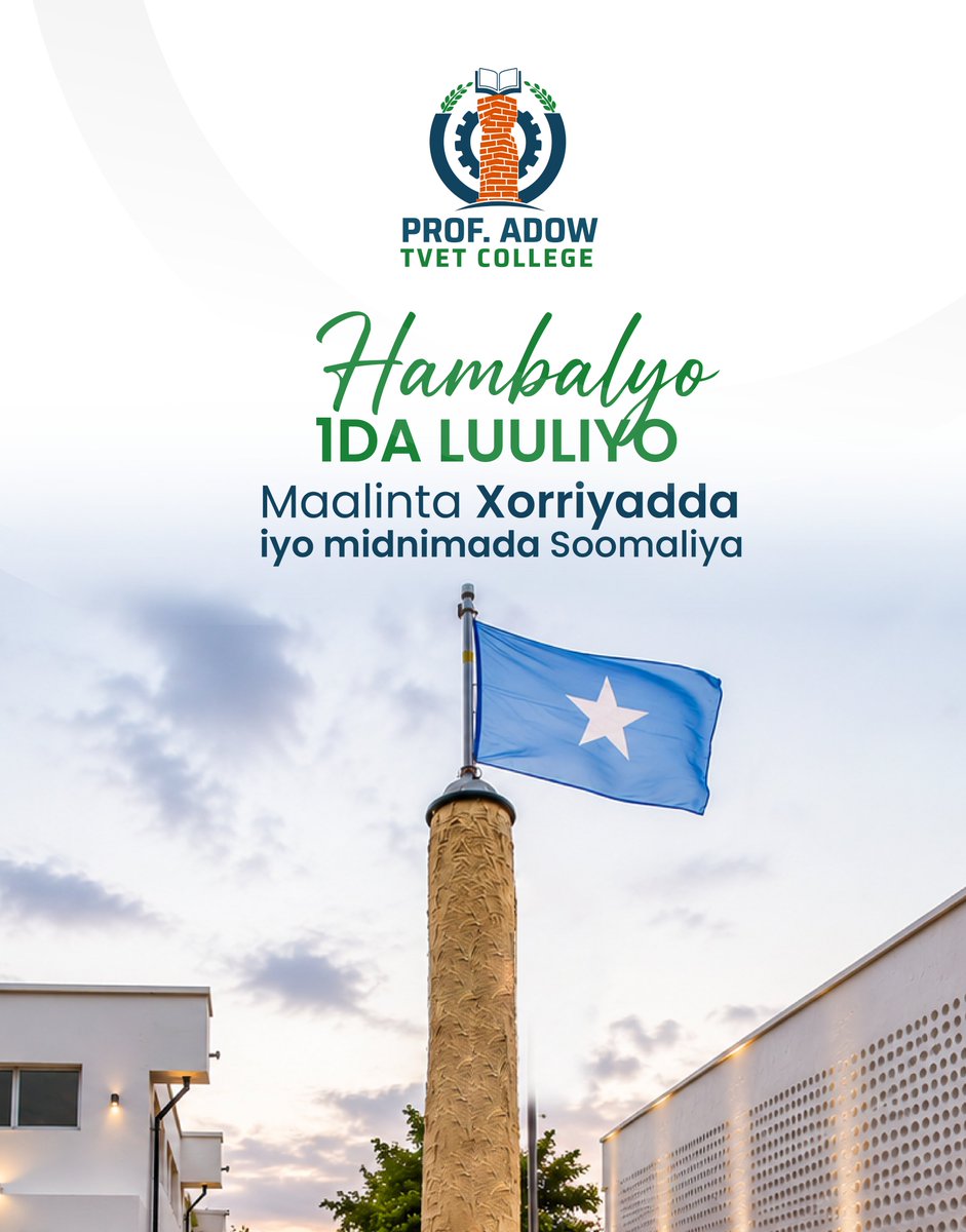 ProfAdowTVET's tweet photo. Hambalyo, guud ahaan ummadda Soomaaliyeed.🎉🎉🇸🇴 𝟏-𝐝𝐚 𝐋𝐮𝐮𝐥𝐲𝐨 waa maalintii 𝐱𝐨𝐫𝐫𝐢𝐲𝐚𝐝𝐝𝐚 iyo 𝐌𝐢𝐝𝐧𝐢𝐦𝐚𝐝𝐚 Soomaaliya. Sanadkaan kiisa kale Alle hanugu gaarsiiyo Soomaaliya oo nabad iyo barwaaqo ah, Alle idankii 🎉🇸🇴
#1DALUULYO #66sanoguuro https://t.co/jed7755iMm
