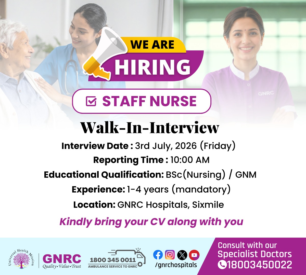 gnrchospitals's tweet photo. 𝐖𝐞 𝐀𝐫𝐞 𝐇𝐢𝐫𝐢𝐧𝐠 — 𝐒𝐭𝐚𝐟𝐟 𝐍𝐮𝐫𝐬𝐞!
If you're passionate about patient care and ready to grow with a trusted healthcare institution, walk in and meet our team!
18003450022 | 1800 345 0011
#WeAreHiring #StaffNurse #NursingJobs #WalkInInterview #GNRC https://t.co/jqJYWOkJeP