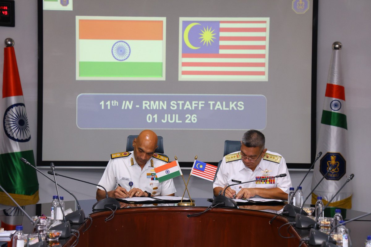 indiannavy's tweet photo. 11th Edition of #IndianNavy and #RoyalMalaysianNavy Staff Talks were successfully concluded on #01Jul 26 at New Delhi, India.

Co-chaired by RAdm Srinivas Maddula, ACNS (FCI) and RAdm Dato’ Pahlawan Mohd Fadzli Kamal bin Mohd Mohaldin, Assistant Chief of Staff (Ops & Trg), Royal Malaysian Navy, the talks focused on strengthening bilateral engagements, enhancing maritime cooperation and collaborative pursuit towards #MaritimeSecurity in the #IOR.

🇮🇳-🇲🇾#BridgesofFriendship
#NavalCooperation

@tldm_rasmi @SpokespersonMoD 
@hcikl