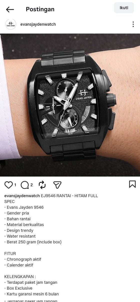 shefiyeh's tweet photo. BU‼️

EVANS JAYDEN EJ9546 HITAM FULL

Sec
Bahan rantai
Ada cadangan batrei 
ORI 
Kualitas masih bagus, tipe jam tangan pejabat🤙🏻

Harga only Rp. 1.100.000,-
bisa oren🍊
No Tipu²
Nego tipis

masih bagus belom pernah dipakai
#zonauangㅤ #evansjayden https://t.co/njUbGcNjFJ