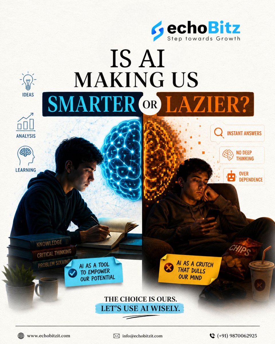 echoBitzIT's tweet photo. AI is at its best when it supports thinking, not replaces it.

Use it to create, learn, and solve problems, but never stop thinking for yourself.

Smarter or lazier? The choice is ours.

#AI #Innovation #CriticalThinking #echoBitz https://t.co/MnKKsJrqa8