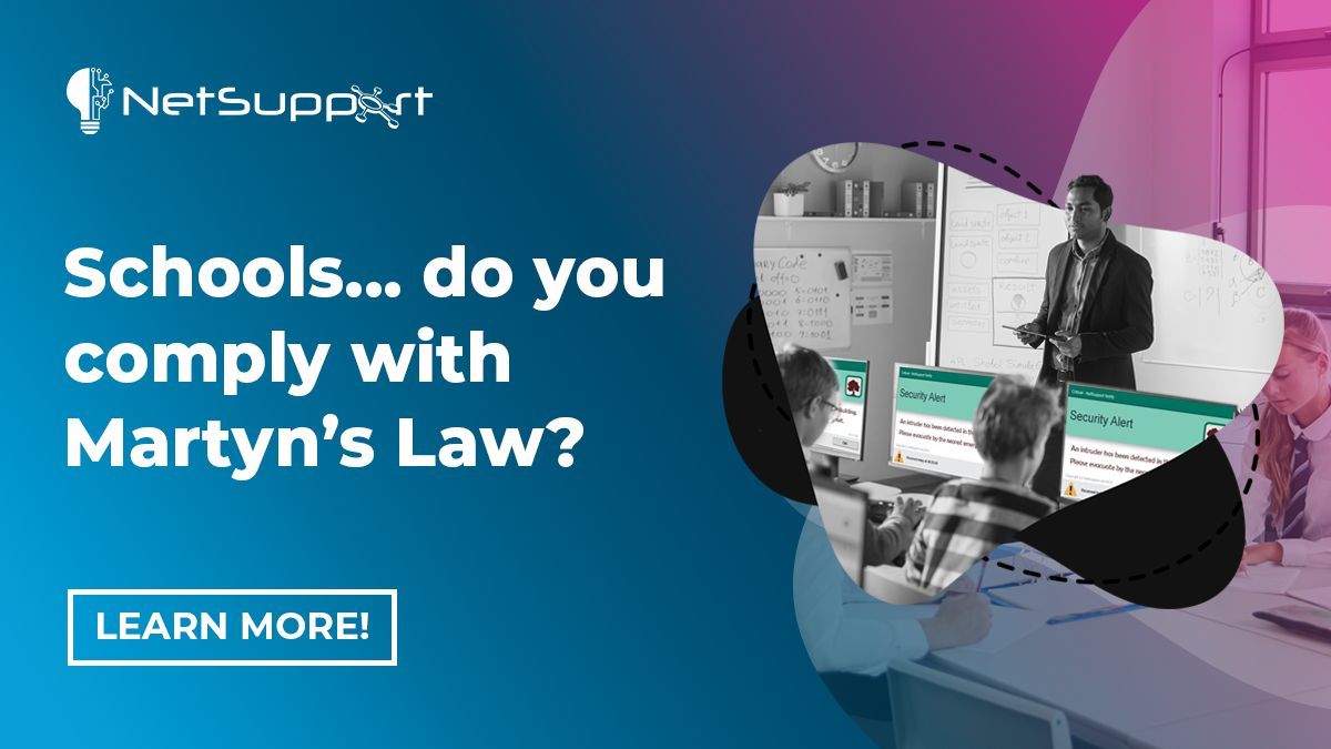 NetSupportGroup's tweet photo. How can schools comply with Martyn’s Law? This simple blog walks schools through how to meet Martyn's Law and how tools like NetSupport Notify can help you with requirements around accountability and record keeping, emergency protocols and more. https://t.co/ut787dKPfq  #NetSupportNotify #MartynsLaw #Compliance #EmergencyProtocols #ProtectionOfPremisesAct