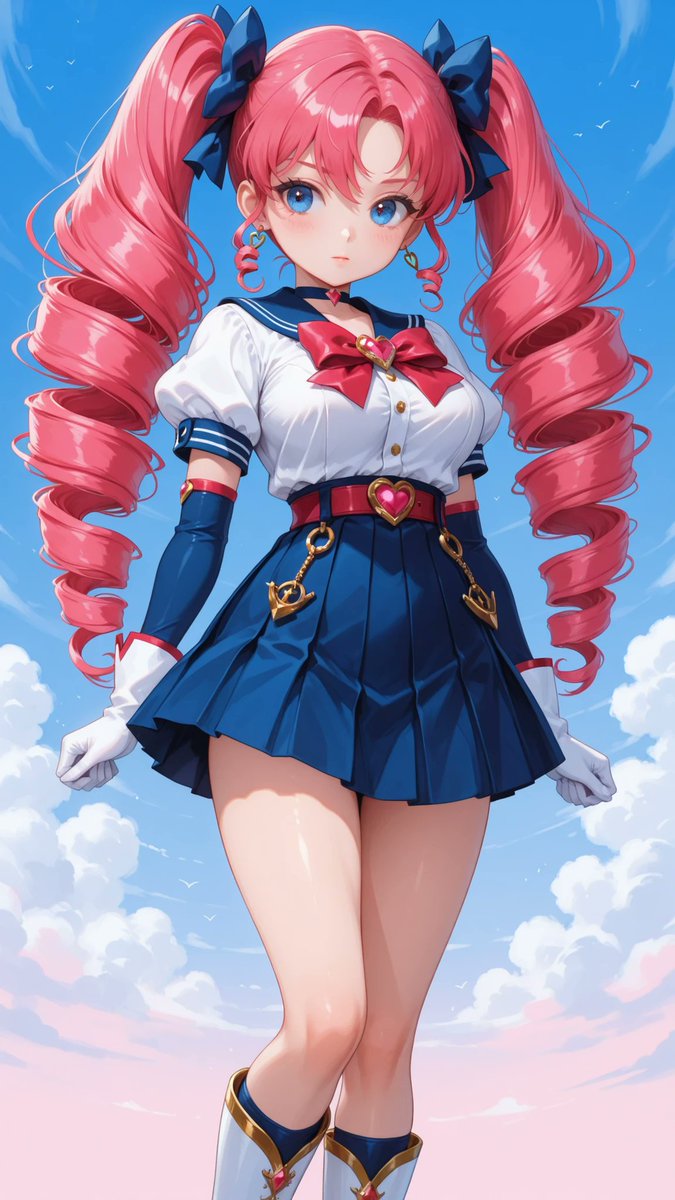AliceLavli's tweet photo. セーラー服のマジカルヒロインをどうぞ✨
magical heroine inspired sailor dress, white sailor collar with bold navy blue trim, oversized sailor collar covering the shoulders and upper back, vivid red front chest bow with a round golden jewel centerpiece, fitted white bodice, short puff sleeves with navy blue sleeve bands, deep navy blue pleated mini skirt, high-waisted silhouette, slim red waist belt with a large oval golden buckle, white elbow-length gloves with fitted cuffs, knee-high crimson boots with white folded tops, clean symmetrical construction, classic magical heroine aesthetic, vibrant primary color palette, elegant anime-inspired design, crisp tailoring, strict color placement, white bodice only, navy blue collar only, navy blue skirt only, vivid red chest bow only, vivid red belt only, gold jewel and buckle only, white gloves only, crimson boots only