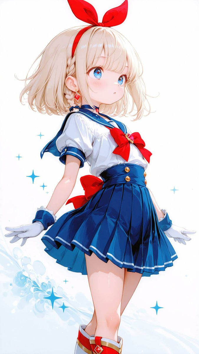 AliceLavli's tweet photo. セーラー服のマジカルヒロインをどうぞ✨
magical heroine inspired sailor dress, white sailor collar with bold navy blue trim, oversized sailor collar covering the shoulders and upper back, vivid red front chest bow with a round golden jewel centerpiece, fitted white bodice, short puff sleeves with navy blue sleeve bands, deep navy blue pleated mini skirt, high-waisted silhouette, slim red waist belt with a large oval golden buckle, white elbow-length gloves with fitted cuffs, knee-high crimson boots with white folded tops, clean symmetrical construction, classic magical heroine aesthetic, vibrant primary color palette, elegant anime-inspired design, crisp tailoring, strict color placement, white bodice only, navy blue collar only, navy blue skirt only, vivid red chest bow only, vivid red belt only, gold jewel and buckle only, white gloves only, crimson boots only