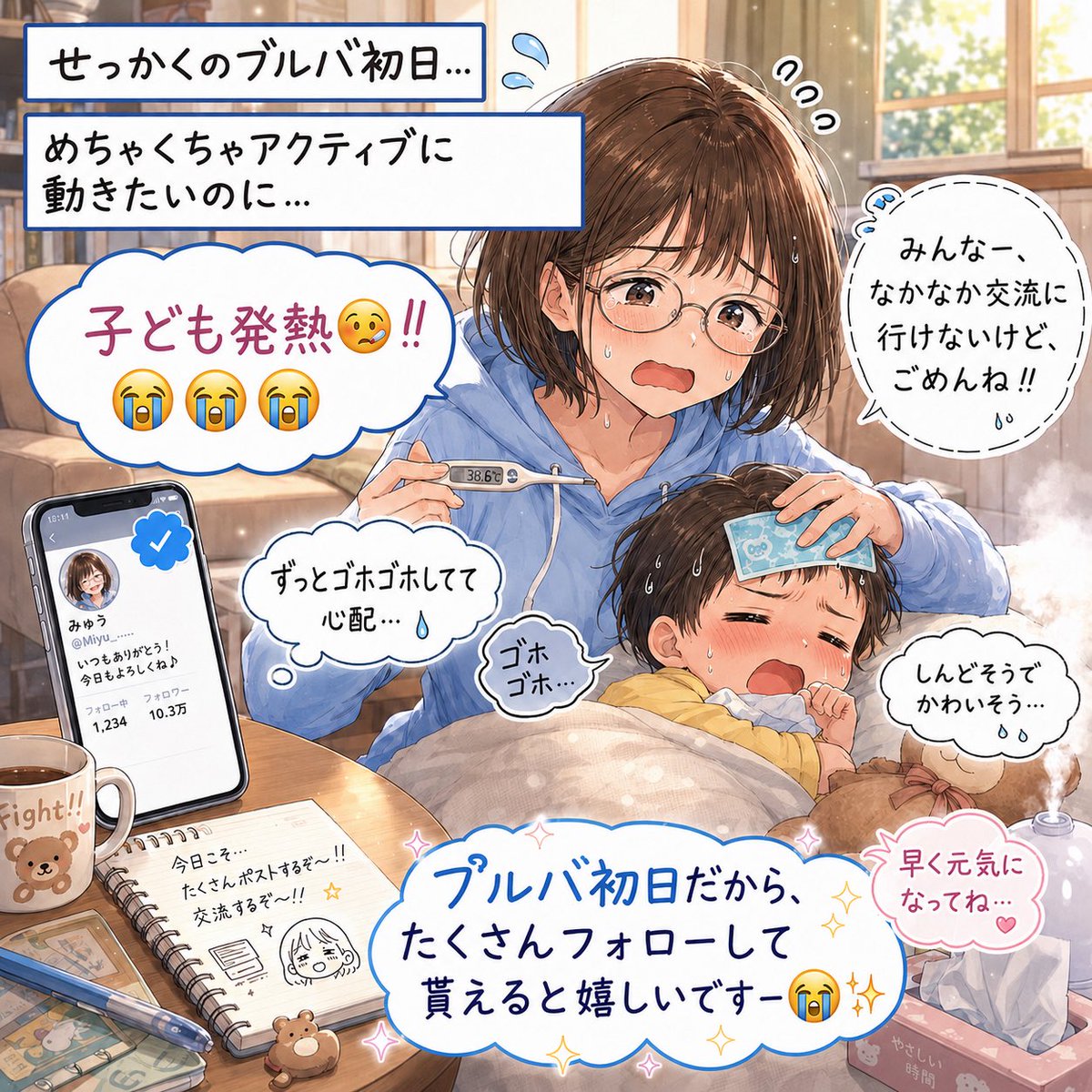miyu__log_'s tweet photo. せっかくのブルバ初日。
めちゃくちゃ交流する気満々だったのに…

まさかの子ども発熱🤒😭
しかもゴホゴホしてて、しんどそうで心配…

落ち着いたらお迎え行くので、
フォローしてくれると泣いて喜びます😭
#ブルバ100 https://t.co/LwtR491ZBO