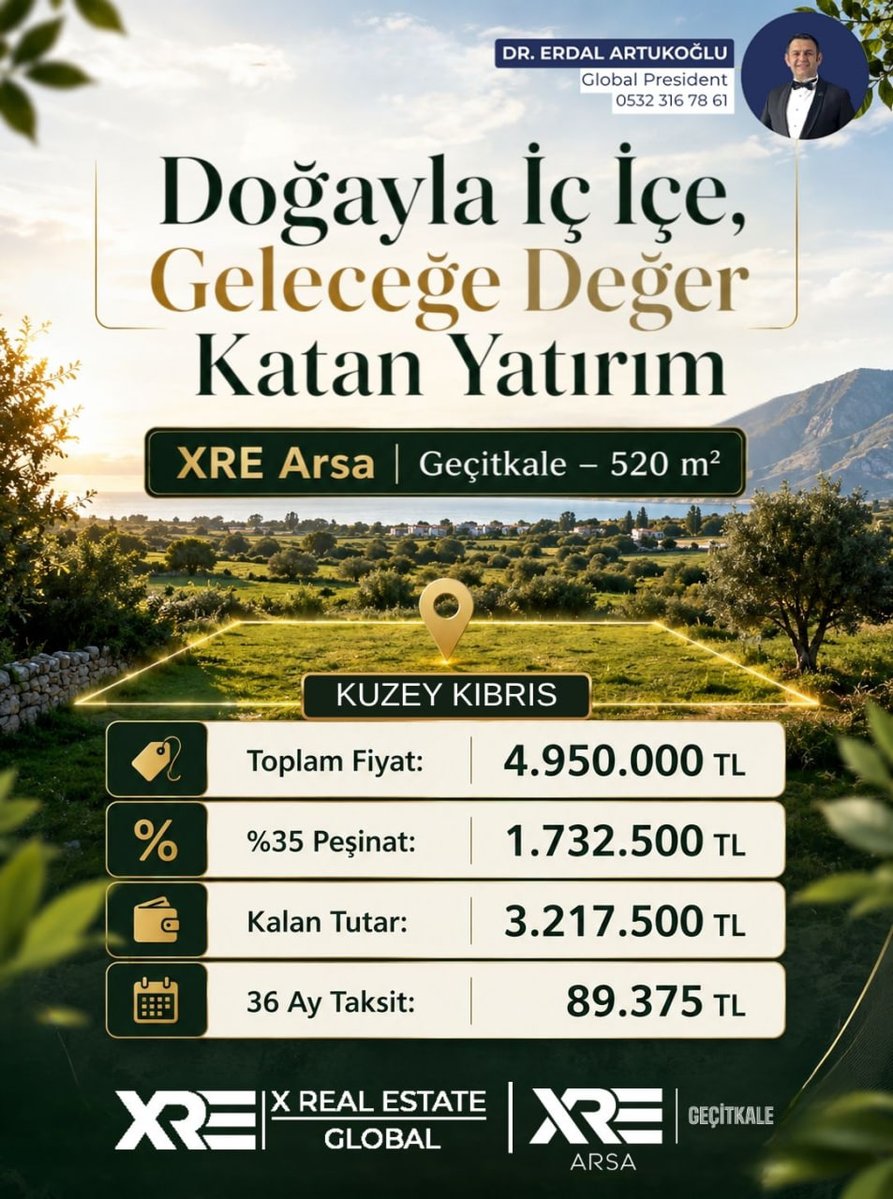 derdalartukoglu's tweet photo. Doğayla iç içe, geleceğe değer katan bir yatırım fırsatı sizi bekliyor.

Kuzey Kıbrıs Geçitkale’de yer alan 520 m² XRE Arsa seçenekleri; avantajlı ödeme planı, güçlü yatırım potansiyeli ve bölgenin gelişen değeriyle öne çıkıyor.

📍 XRE Arsa | Geçitkale
🌳 520 m² arsa
💰 Toplam Fiyat: 4.950.000 TL
🔑 %35 Peşinat: 1.732.500 TL
🗓 36 Ay Taksit: 89.375 TL

Geleceğe bugünden yatırım yapmak için bizimle iletişime geçin.