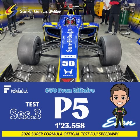 percy_wolff's tweet photo. P5 !!! ÉNORME début d'Evan Giltaire 🇫🇷 sur son 1er roulage dans une Super Formula 🇯🇵 lors des tests officiels !

43 tours, pas d'erreur, P5/24 face à tous les titulaires habituels… qui avaient aussi roulé toute la journée d'hier !

Très, très grosse impression laissée par Evan ! https://t.co/kXE5MR97Rb