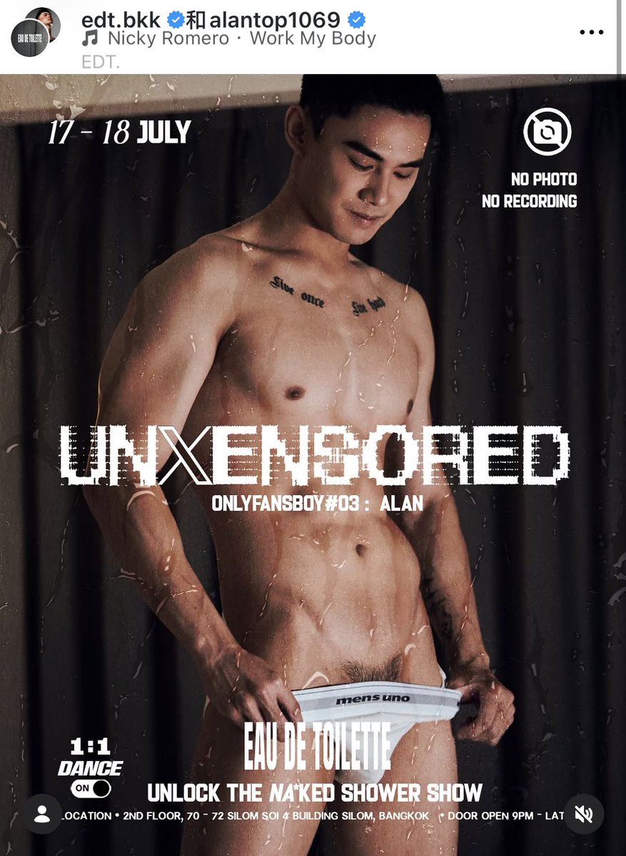 alantop1069's tweet photo. BKK see you soon~🇹🇭

📅17 &amp; 18 JULY
🛀Ultimate Shower Show Experience
EAU DE TOILETTE
🚩2nd Floor, 70-72 Silom Soi 4, Bangkok @edt.bkk
🕤Doors Open 9PM till late
-
Get ready for an uncensored shower performance that's wetter, rougher, and more intense than ever. https://t.co/AriDQ6VOoa