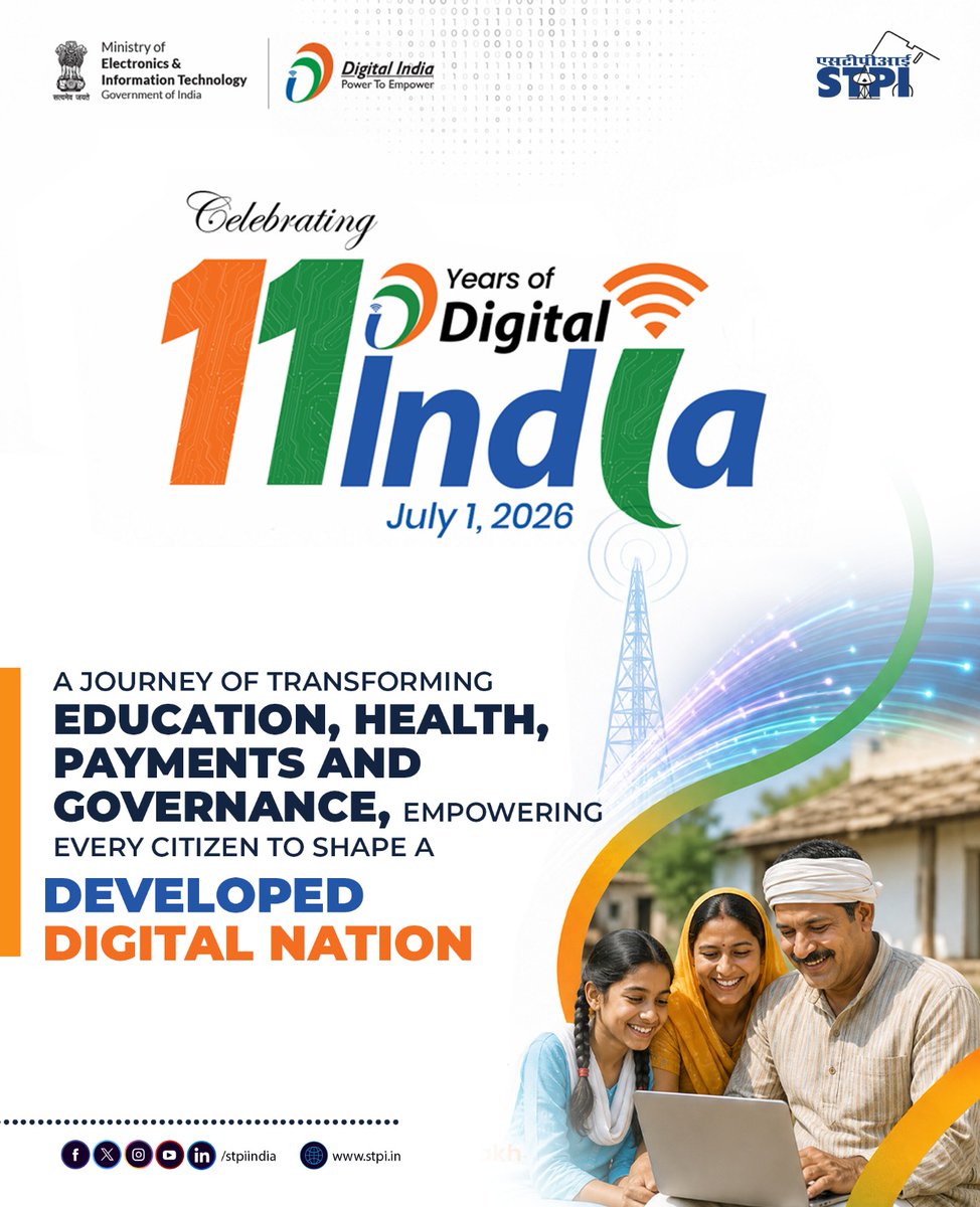 stpiindia's tweet photo. Celebrating 11 Years of Progress and Empowerment: Digital India 🇮🇳

The Digital India Programme completes 11 years on 1 July 2026, marking a significant milestone in India's digital transformation journey. It is a time to celebrate an inspiring initiative that has redefined governance, innovation, and digital empowerment across the nation.

Over the past 11 years, India has built one of the world's largest Digital Public Infrastructure (DPI) ecosystems at scale. Digital platforms have expanded access to healthcare, education, skilling, agriculture, and welfare services, particularly in rural and underserved regions. India has also emerged as a global leader in digital payments and digital governance, setting new benchmarks in innovation and inclusive development.

#DigitalIndia #PowerToEmpower #DigitalIndiaWeek #DigitalTransformation #Innovation #Inclusion #DigitalGovernance #TechnologyForAll #FutureReadyIndia #STPIINDIA

@GoI_MeitY @AshwiniVaishnaw @JitinPrasada @SecretaryMEITY @arvindtw @_DigitalIndia @NeGD_GoI @startupindia