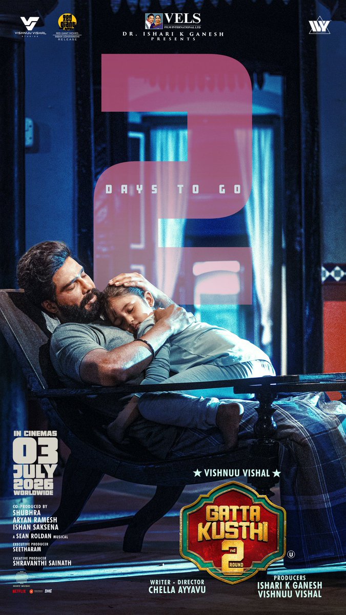 johnrajiahP's tweet photo. Laughter fills the home. Love fills the heart.
2 days to go for #GattaKusthi2, in theatres from July 3rd.
Produced by @VelsFilmIntl &amp; @VVStudioz.
A film by @ChellaAyyavu.
A @RSeanRoldan musical.
@IshariKGanesh @TheVishnuVishal #AishwaryaLekshmi @kushmithaganesh @RedGiantMovies_ https://t.co/5wT6xrspDg