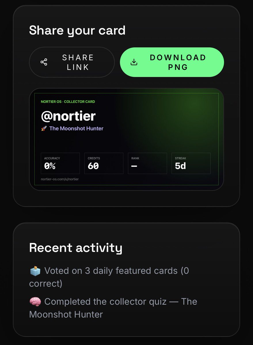 Nortier's tweet photo. WHO ARE YOU AS A COLLECTOR?

🧠 Take the Quiz
🏆 Earn Achievements
⚡ Make Predictions
📊 Build Your Profile
🚀 Share Your Collector Card

Nortier OS | Collector Intelligence Platform https://t.co/mEmkZ6f7KB