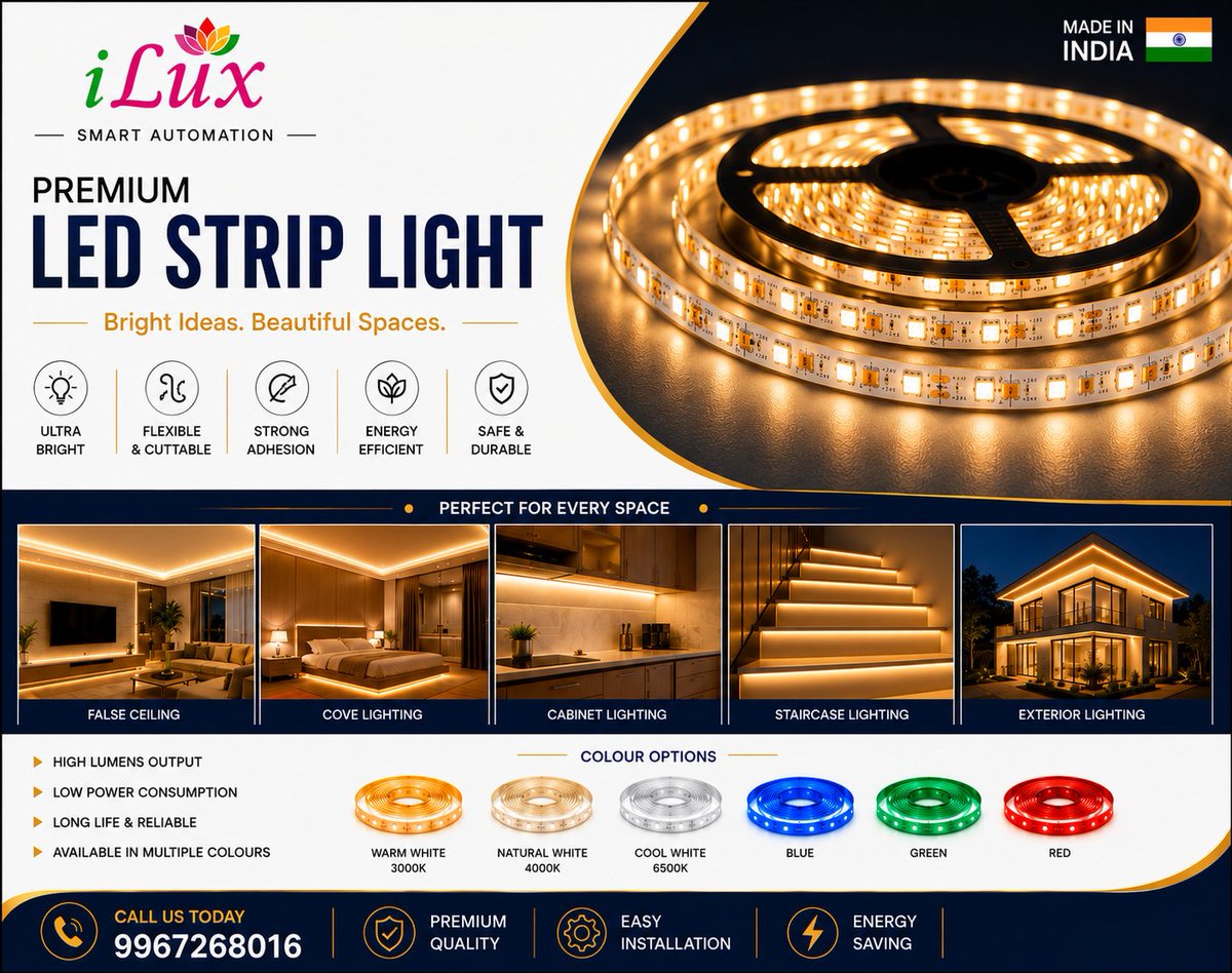 ElectricalsIlux's tweet photo. 💡 Light up every corner with iLux Premium LED Strip Lights.

✨ Ultra Bright
✨ Flexible &amp; Cuttable
✨ Energy Efficient
✨ Perfect for Homes &amp; Commercial Spaces
📞 9967268016
#iLux #LEDStripLight #SmartLighting #LightingDesign #LED #HomeAutomation https://t.co/BbaP5Oj9Gg