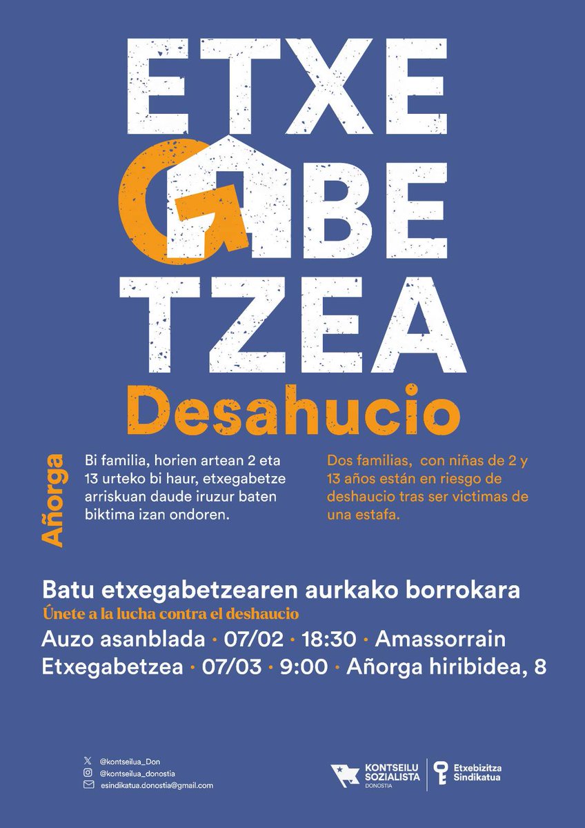 Kontseilua_Don's tweet photo. ⚠️🔵 ADI! ETXEGABETZEA AÑORGAN!

Bi familia, adin txikikoekin, ostiralean etxegabetzeko arriskuan daude Añorga Txikin. https://t.co/twJtlD13uU