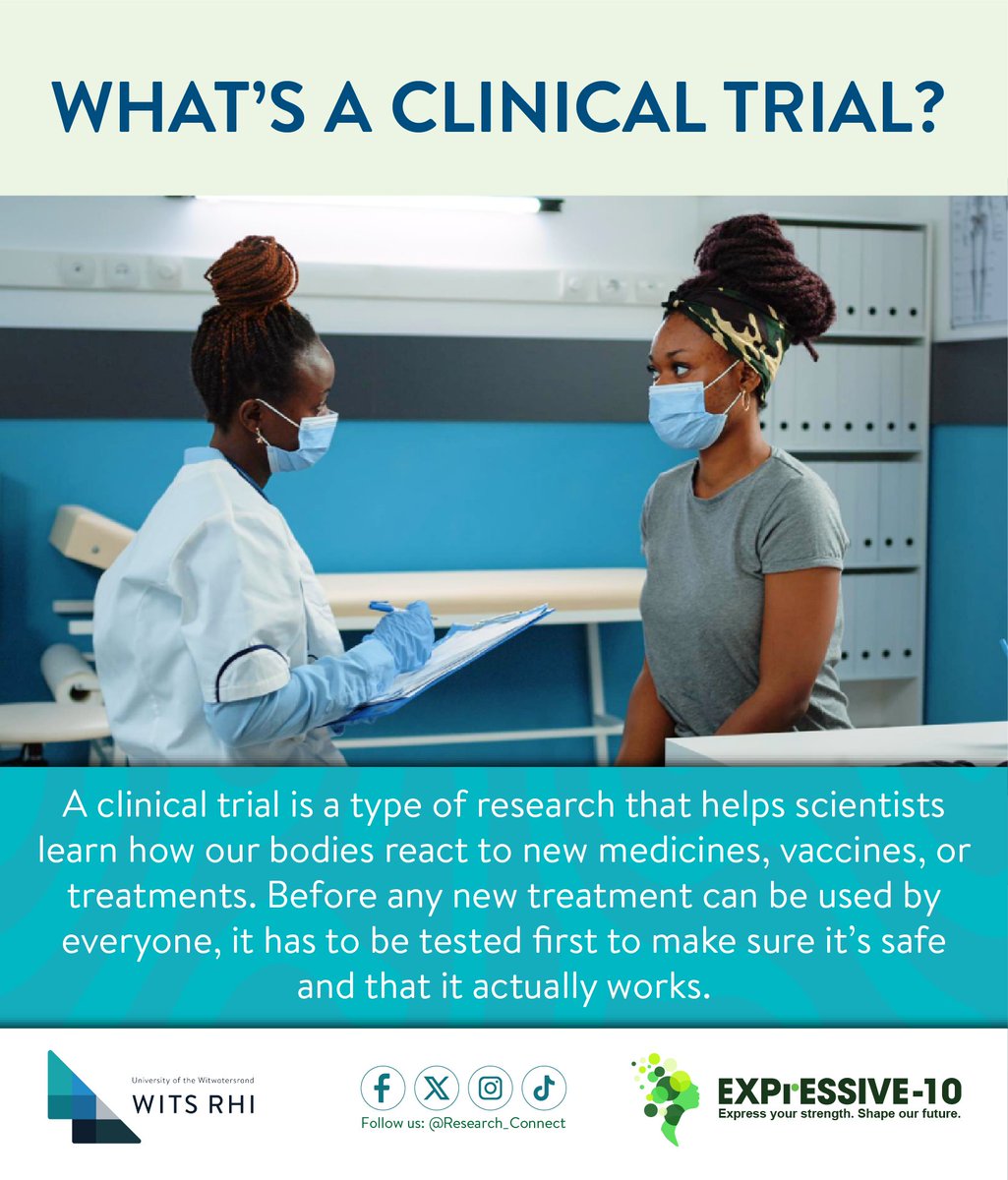 ResearchConnec1's tweet photo. #WellnessWednesday. Why do clinical trials matter ?Clinical trials make sure new medicines &amp; vaccines are safe &amp; effective before they reach people. #Expressive10 #WitsRHI #ClinicalTrials #ScienceInAction https://t.co/vhRIAKkXJo