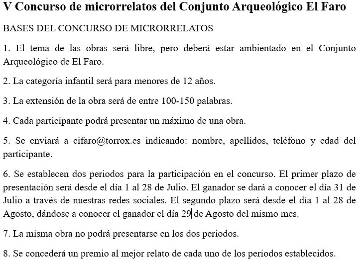 AxarquiaPlus's tweet photo. Este miércoles 1 de julio comienza la quinta edición del concurso de microrrelatos El Faro, os dejamos las bases del concurso.
#AxarquiaPlus #Axarquia #Torrox #ElFaro #Microrrelatos #concurso
Ayuntamiento de Torrox y Conjunto Arqueológico Ci Faro de Torrox https://t.co/bxynYuByWF
