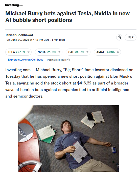 Barchart's tweet photo. JUST IN 🚨: Michael Burry just shorted Tesla $TSLA at $416.22 https://t.co/4qd4CjE0YX