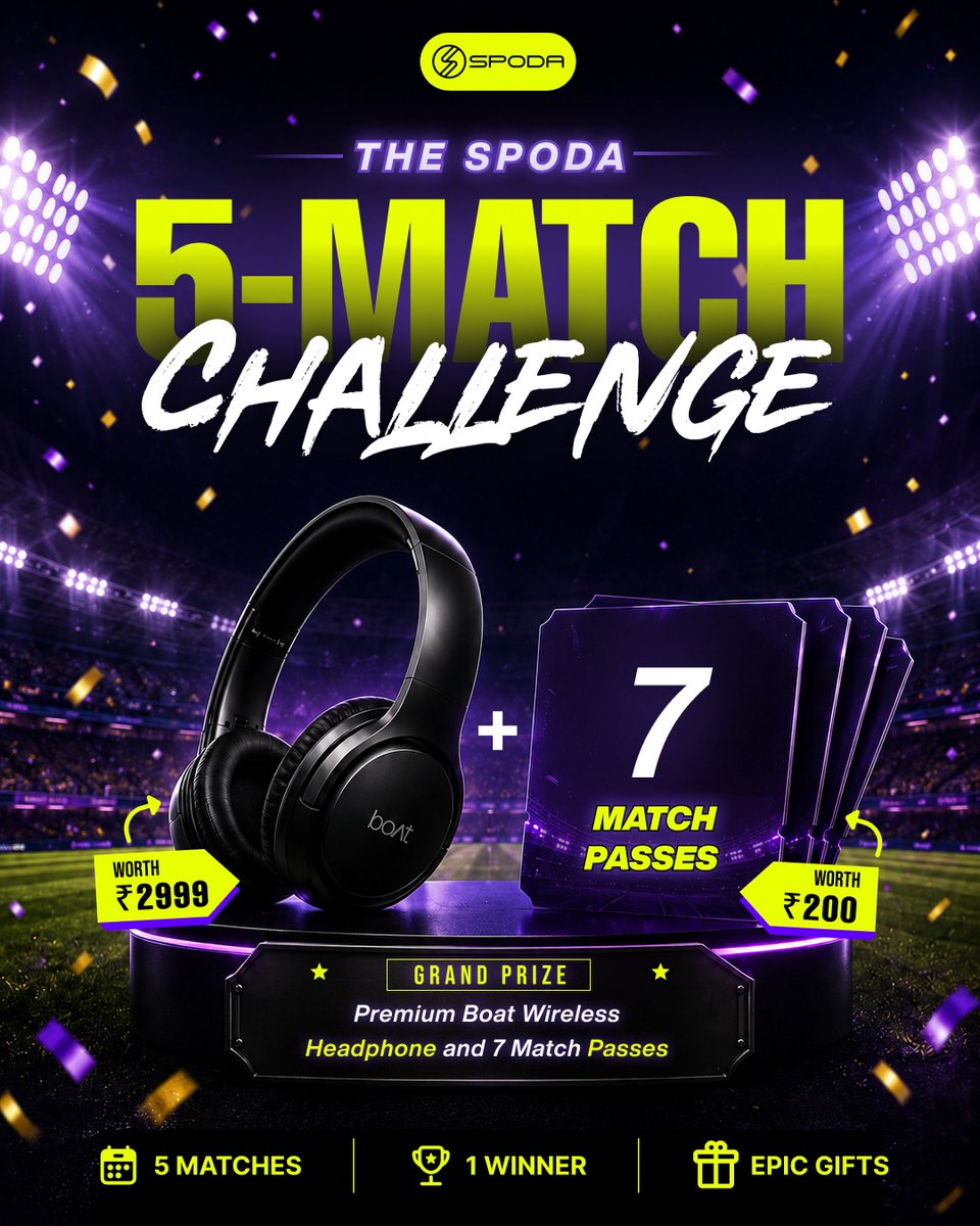 SPODA_AI's tweet photo. 🚨 COMPETITION ALERT 🚨

Think you know cricket better than AI? 👀

Take on the Spoda 5-Match Challenge and prove it.

🏏 Predict all 5 matches
🤖 Beat Spoda AI
🎧 Win Premium boAt Wireless Headphones (Worth ₹2,999)
🎟️ Plus 7 Match Passes (Worth ₹200)

🏆 Total prize pool: ₹3,199

Only ONE winner takes it all.

Ready to challenge the AI? 👇

#SpodaAI #Cricket #CricketPrediction #CricketTwitter #SportsAI #AI #Giveaway #MLC2026 #ENGvIND