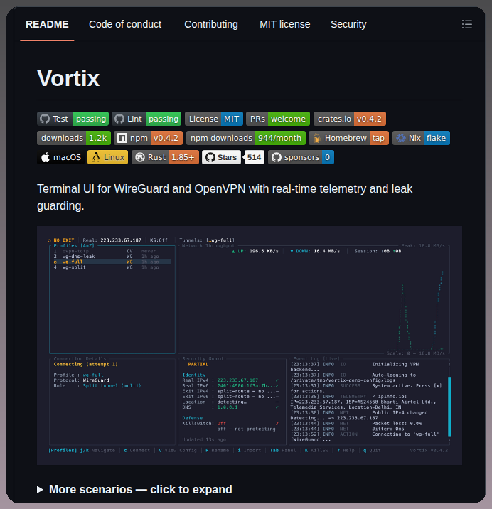 tom_doerr's tweet photo. Vortix terminal UI for WireGuard and OpenVPN with real-time telemetry

https://t.co/xphrUHg0Vu https://t.co/P0IQglndQi